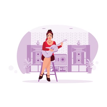 View of a beautiful girl wearing glasses sitting and singing while playing guitar. Trend Modern vector flat illustration