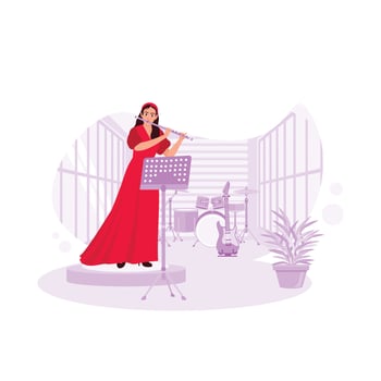 Beautiful girl in a long dress performing a song on a flute. Trend Modern vector flat illustration