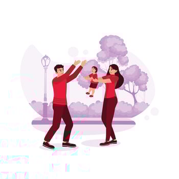 Happy little family, father, mother, and son, playing together in the park. Trend Modern vector flat illustration