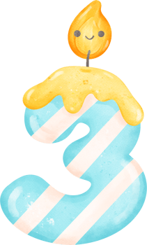 cute blue  birthday candle doodle number 3, three with smile light cartoon children watercolor illustration png