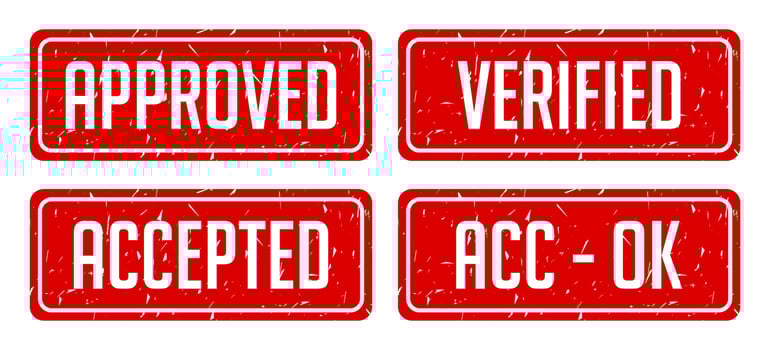 Set stamp design for text APPROVED, VERIFIED, ACCEPTED, and ACC-OK. Rectangular label approved in red color. vector