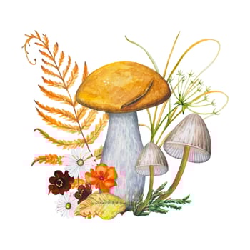 Autumn watercolor composition. Illustration with mushrooms, flowers, dry leaves. vector