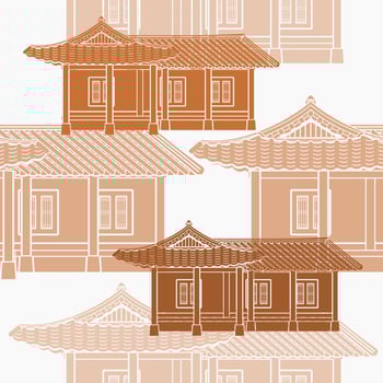 Editable Monochrome Traditional Hanok Korean House Building Vector Illustration as Seamless Pattern for Creating Background and Decorative Element of Oriental History and Culture Related Design