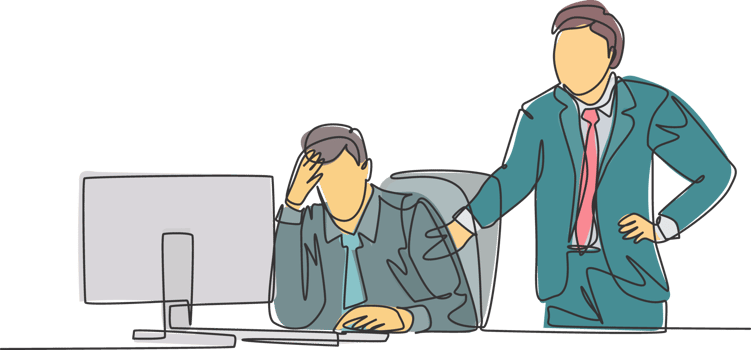 One continuous line drawing of young angry manager asking his depressed staff for an unfinished job. Work pressure at his office concept. Trendy single line draw design graphic illustration png