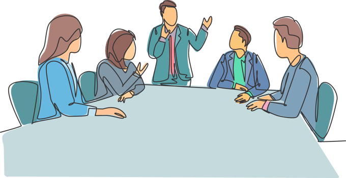 One continuous line drawing of young happy board of directors discussing company profit sharing during meeting. Business training concept. Trendy single line draw design graphic illustration png