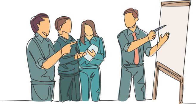 One single line drawing of young happy manager giving presentation about increasing product sales to his team at the office. Group meeting concept continuous line draw design illustration png