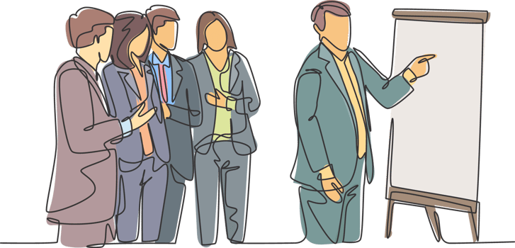 Single continuous line drawing of senior manager giving presentation and instruction to the marketing staffs on flip chart. Business meeting concept one line draw design graphic illustration png