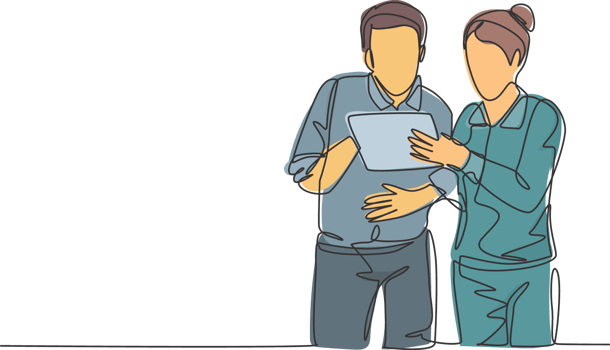 One single line drawing of two young male and female workers watching stock movements on tablet together at the office. Stockbroker concept continuous line draw design graphic illustration png