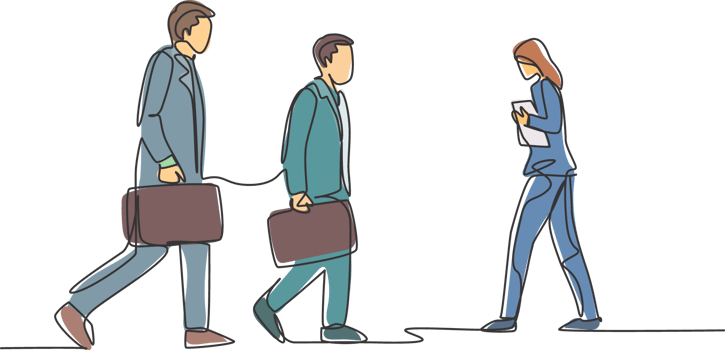 Single continuous line drawing of group urban commuters walking pass over and over again on citystreet go to the office. Urban commuter workers concept one line draw design illustration png