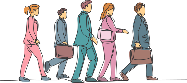 One continuous line drawing of group male and female urban commuters walking pass over on citystreet go to the office. Urban commuter workers concept single line draw design illustration png