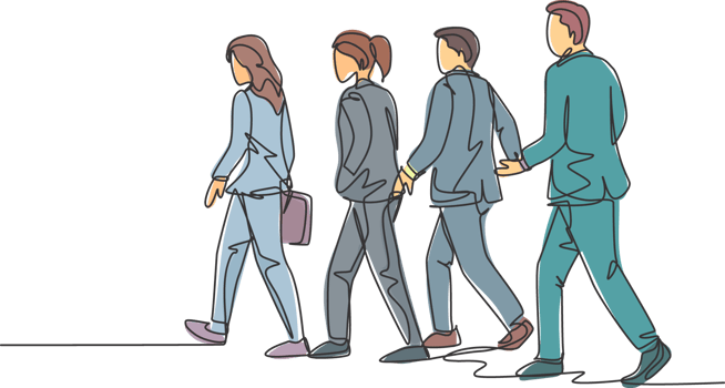 One continuous line drawing of group urban male and female commuters walking every day on city road go to the office. Urban commuter workers concept single line draw graphic design illustration png