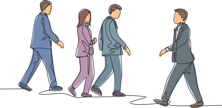 One single line drawing of young businessmen and businesswoman walking together on citystreet to go to the office. Urban commuter workers concept continuous line draw design illustration png