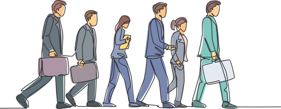 One continuous line drawing of group urban male and female commuters walking every day on city road go to the office. Urban commuter workers concept single line draw design illustration png