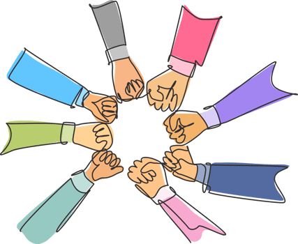 Single continuous line drawing group of young business people unite their hands together to form a circle shape as a unity symbol. Teamwork concept one line draw graphic design illustration png