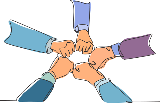 One continuous line drawing group of young male and female business people unite their hands together to form a five star shape. Unity teamwork concept single line draw design illustration png