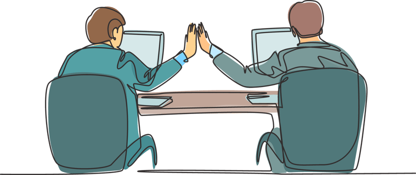 One continuous line drawing of two young happy business men high five when they knew the project running smoothly. Trendy business teamwork concept single line draw design graphic illustration png