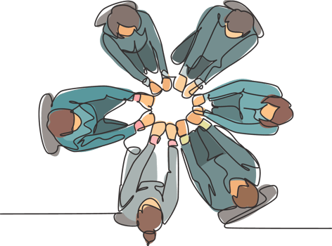 One continuous line drawing group of young male female business people unite their hands together to form circle shape symbol, top view. Teamwork concept single line draw design illustration png