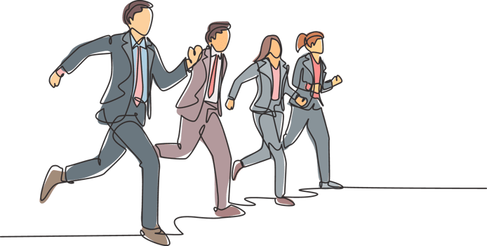 Single continuous single line drawing group of urban commuter workers walking and running to get to the office on time. Urban employee in a rush concept one line draw design illustration png