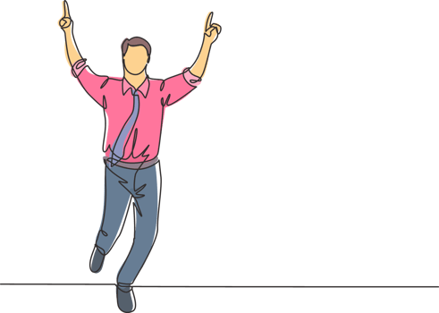 One continuous single line drawing of young happy businessman pointing his finger to the air after running cross the finish line. Business race concept single line draw design illustration png