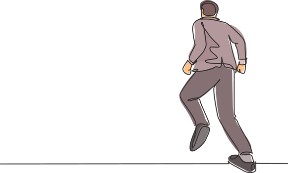 One continuous single line drawing of young energetic male manger doing jogging run exercise to go to the office, from rear view. Business race concept single line draw design illustration png