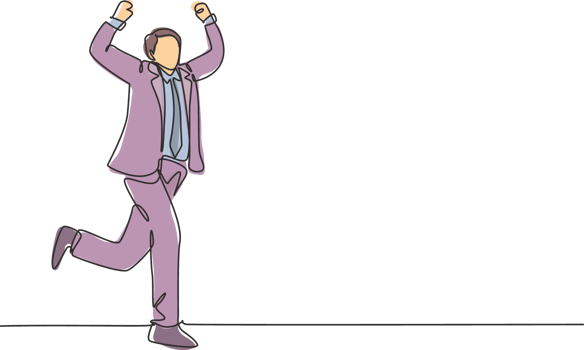One continuous single line drawing of young happy businessman fist his hand to the air after running cross the finish line. Business race concept single line draw design illustration png