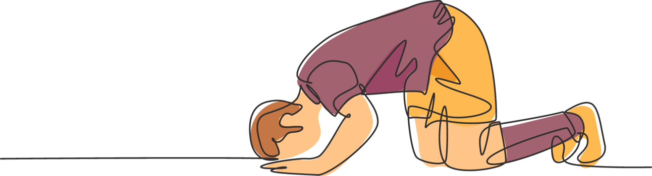 One single line drawing of sporty football player celebrates his goal with sujud of gratitude gesture at field. Match goal celebration concept continuous line graphic draw design illustration png