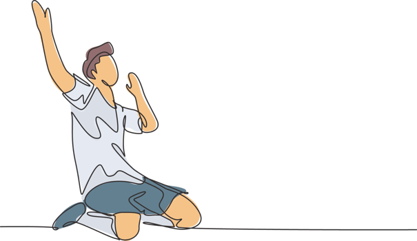 Single continuous line drawing of young sporty soccer player raises his hands up on the field after scoring. Match soccer goal celebration concept one line draw design graphic illustration png