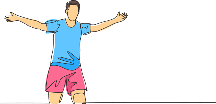 Single continuous line drawing of young sporty football player running around the stadium and spreading his arm on field. Match soccer goal celebration concept one line draw design illustration png