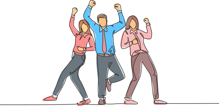 One continuous line drawing of young happy male and female company founder jumping at the meeting room together. Business teamwork celebration concept single line draw design illustration png