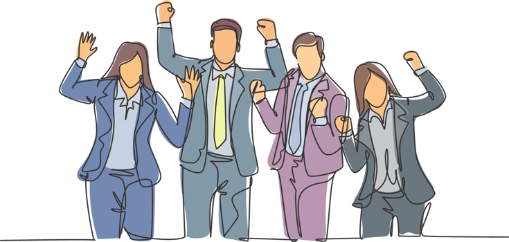 One continuous line drawing of young happy promoted man woman manager line up neatly on office meeting room together. Business teamwork celebration concept single line draw design illustration png
