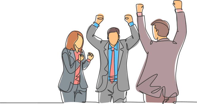 Single continuous line drawing of young happy male and female company founder punch fist to the air after company get investment. Business celebration concept one line draw design illustration png