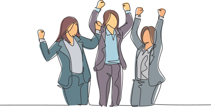 One continuous line drawing of young happy businesswomen prancing with joy at the meeting room together. Business teamwork celebration concept single line draw graphic design illustration png