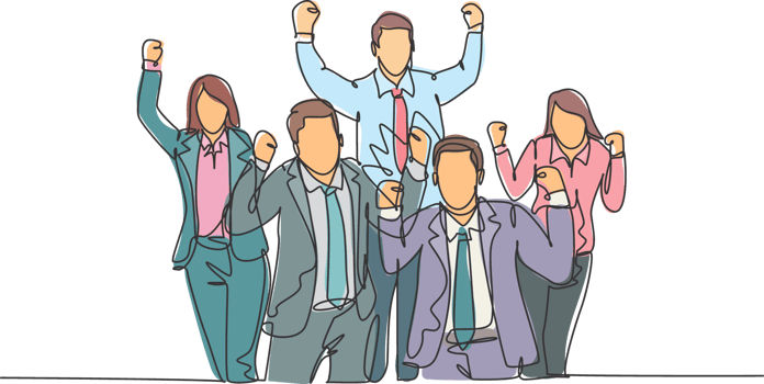 One single line drawing of young happy male and female workers standing forming circle shape together. Business teamwork celebration concept continuous line draw design illustration png