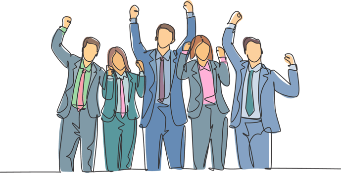 One continuous line drawing of young happy male and female workers line up neatly at the meeting room together. Trendy business teamwork celebration concept single line draw design illustration png