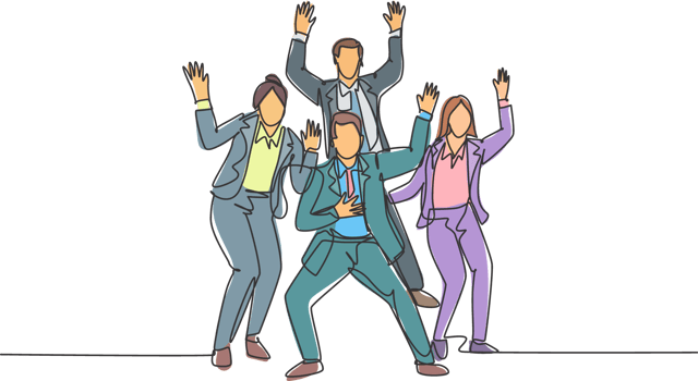 Single continuous line drawing of young happy male and female trainer prancing with joy at the seminar room together. Business teamwork celebration concept one line draw design illustration png