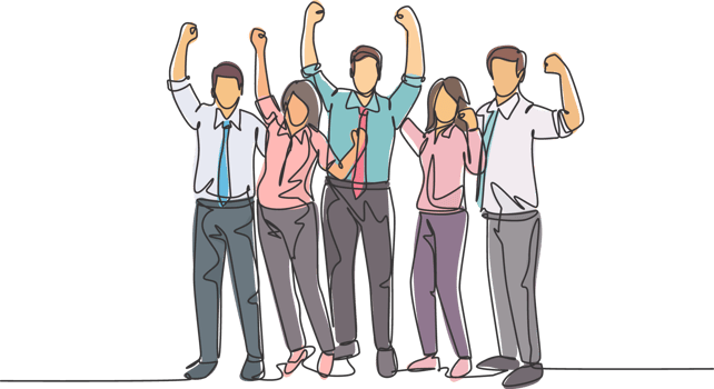 One single line drawing group of young happy male and female workers jumping in the office room together. Business teamwork celebration concept continuous line draw design illustration graphic png