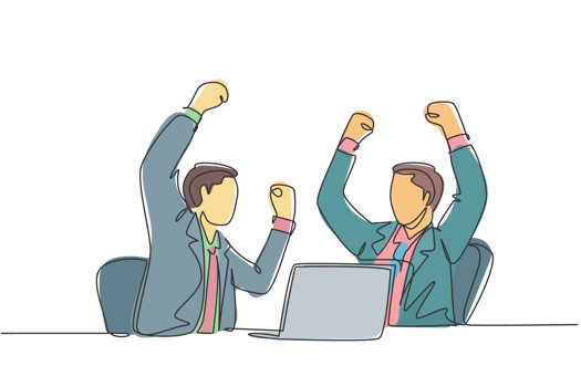 One continuous line drawing of two young businessman raise their hands up to the sky after watching sales increasing on laptop. Business celebration concept single line draw design illustration png
