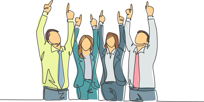 One single line drawing group of young happy male and female workers pointing and raise finger to the sky. Business teamwork celebration concept continuous line draw design graphic illustration png