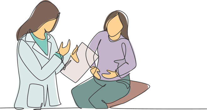 Single continuous single line drawing of young female doctor examining patient who complain about condition of her stomach at hospital. Medical checkup concept one line draw design illustration png