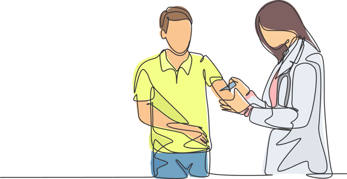 Single continuous line drawing of young female doctor giving vaccine injection to cure sick male patient at hospital. Medical health care treatment concept one line draw design illustration png