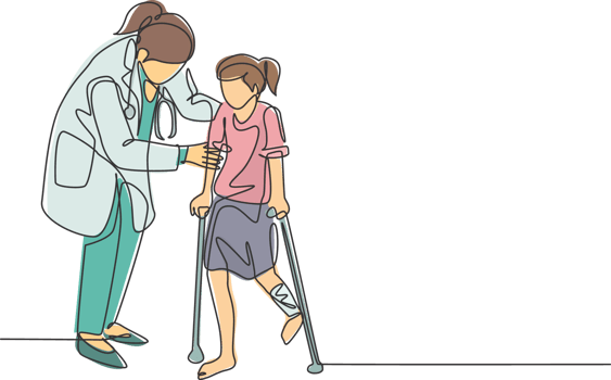 One continuous line drawing of female pediatric doctor doing therapy by helping young girl patient to get walk using crutch. Medical health care concept single line draw design illustration png