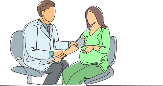 One single line drawing of male obstetrics and gynecology doctor checking the patient blood pressure and fetal condition. Pregnancy health care concept continuous line draw design illustration png