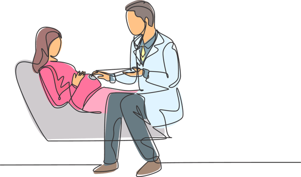 One continuous line drawing of male obstetrics and gynecology doctor checking young pregnant mom who laying in sofa. Pregnancy health care treatment concept single line draw design illustration png