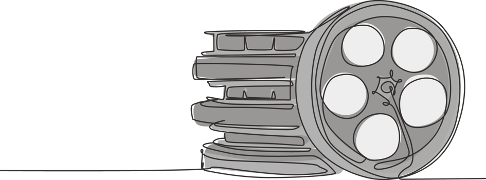 Single continuous line drawing stack of retro old classic cinema video film reels. Vintage movie frame filmstrip item concept one line draw design illustration graphic png