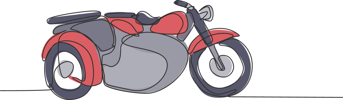 One continuous line drawing of retro old vintage motorcycle with sidecar. Classic motorbike transportation concept single line draw graphic design illustration png