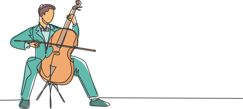 One single line drawing of young happy male cellist performing to play cello on classical orchestra concert. Musician artist performance concept continuous line graphic draw design illustration png