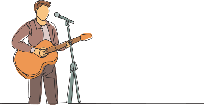 One continuous line drawing of young happy male guitarist playing acoustic guitar and singing on music festival stage. Musician artist performance concept single line draw design illustration png