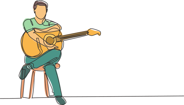Single continuous line drawing of young happy male guitarist sitting after playing acoustic guitar on chair. Trendy musician artist performance concept one line graphic draw design illustration png