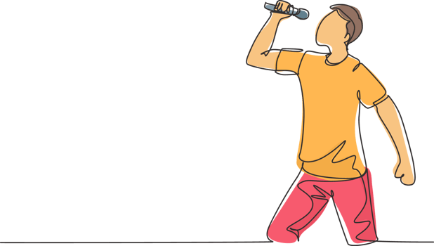 One single line drawing of young happy male rocker singer holding microphone and singing on music concert stage. Musician artist performance concept continuous line draw design illustration png