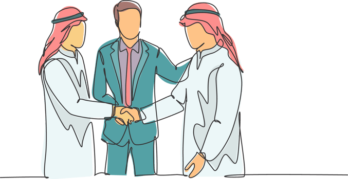 One continuous line drawing of young muslim business man handshake his colleague. Saudi Arabian businessmen with shemag, kandura, scarf, keffiyeh clothing. Single line draw design illustration png